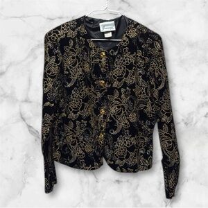 Vintage JOANNA Size Large Black Velvet Floral w Gold Silver Glitter Jacket M